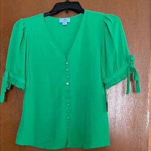 CeCe Vibrant Green V-Neck Blouse